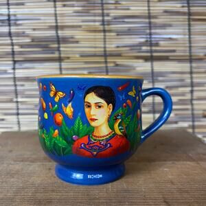 Butterflies, Fauna & Woman featured on footed Blue & Terra Cotta 8 oz Mug